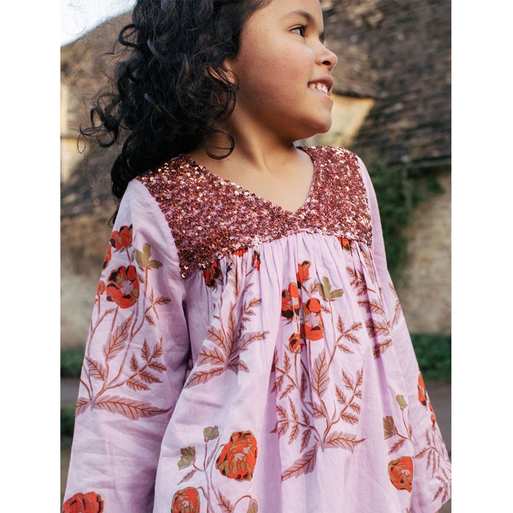 Pink Chicken Girls Courtney Dress 12Y Pink Floral Boho Sequin Long Sleeve Cotton